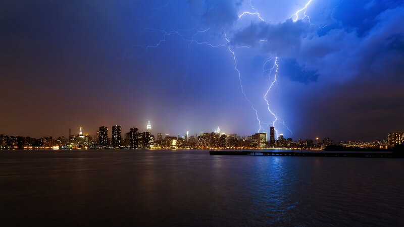 Lightning over City Skyline — Blue
