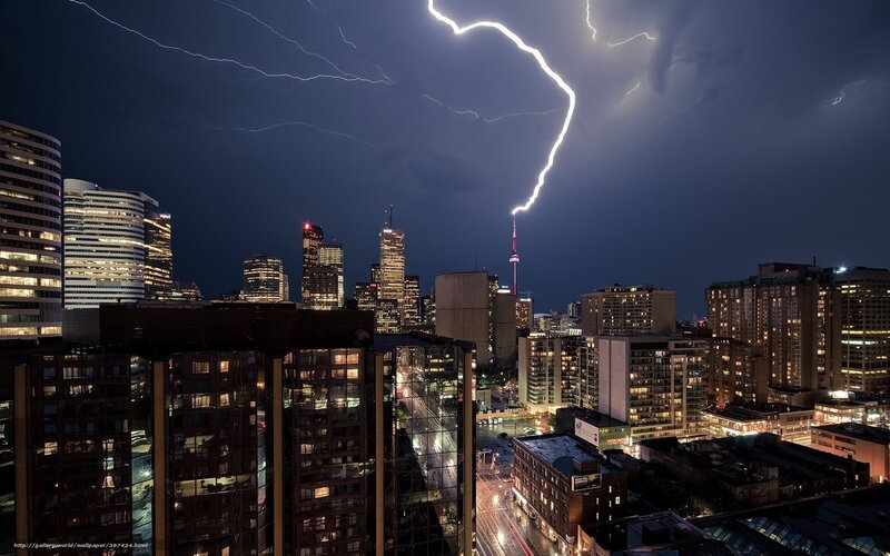 Lightning over City Skyline — Dark Blue, Dramatic
