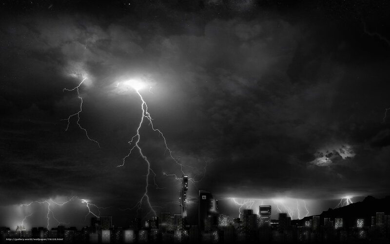 Lightning over city skyline