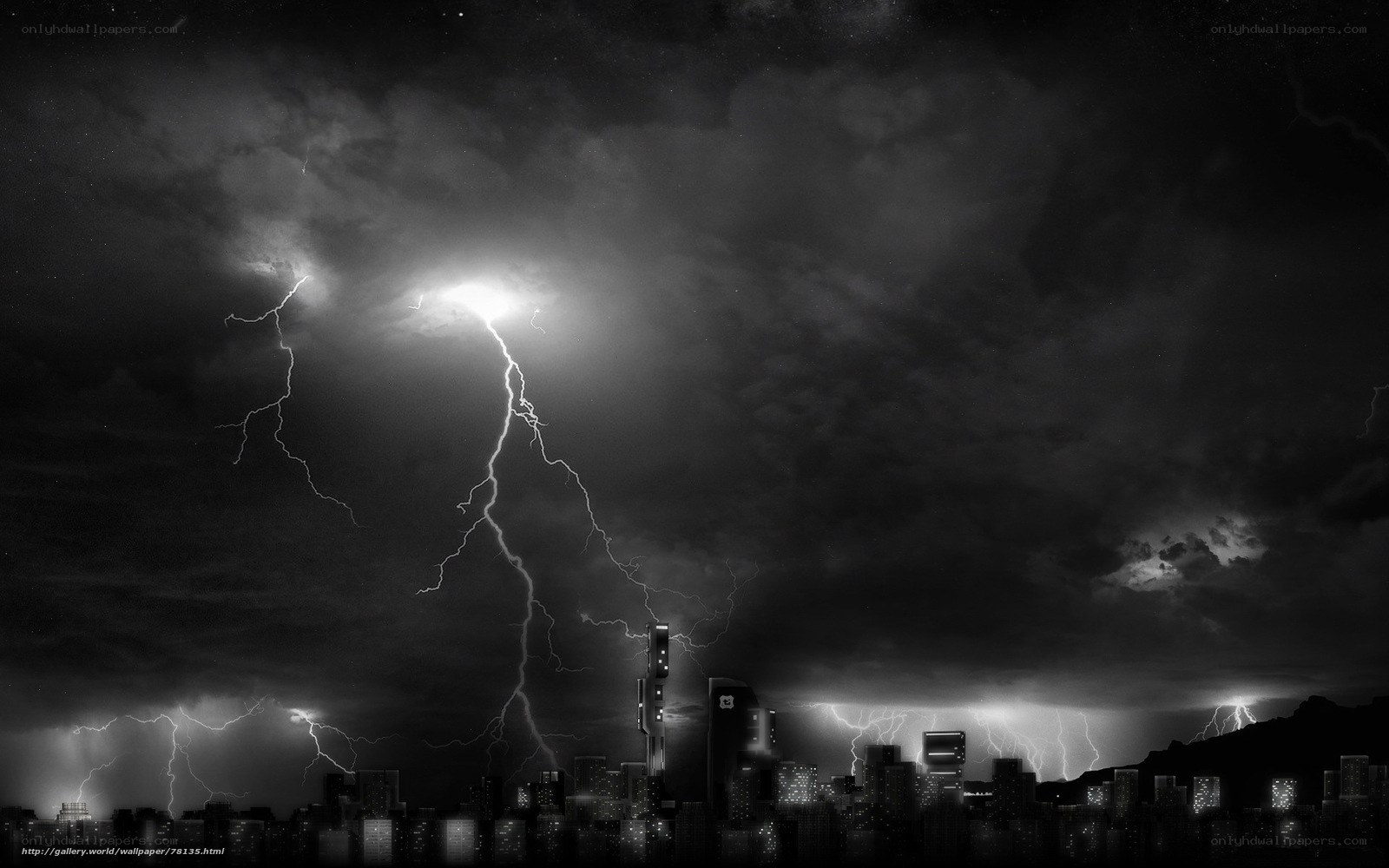 Lightning over city skyline