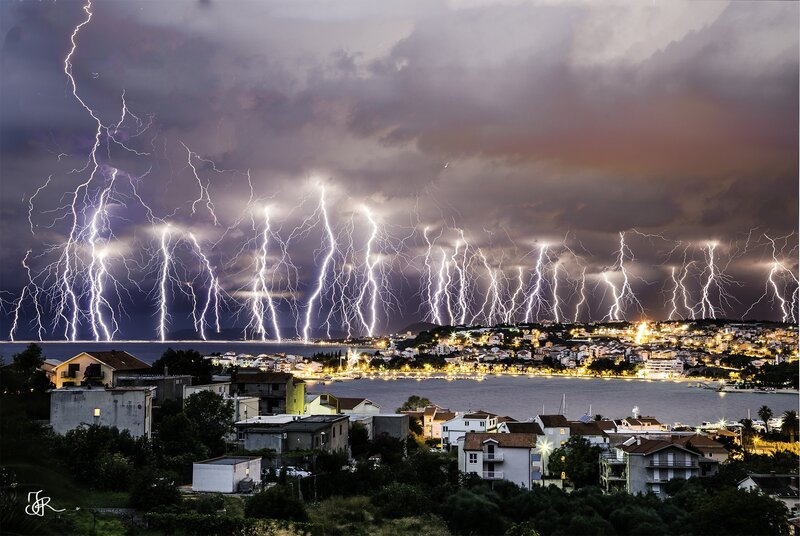 Lightning over Coastal Town — Gray