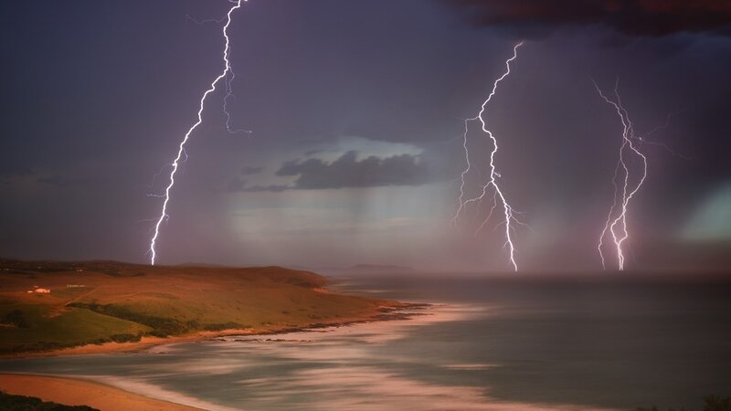 Lightning over Coastline — Purple, Dramatic