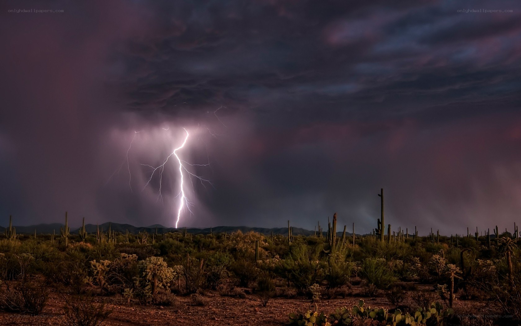 Lightning over desert landscape