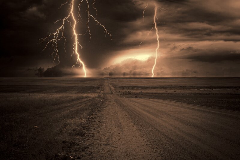Lightning over Dirt Road — Brown