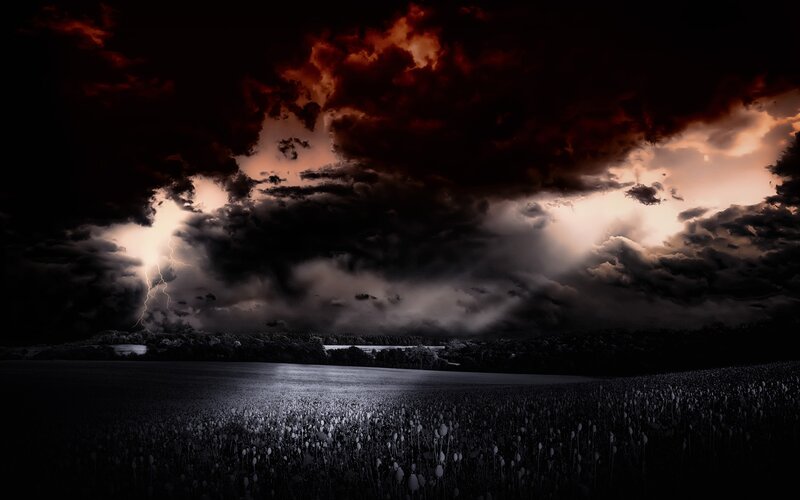 Lightning over Field — Black, Dramatic, Night, Photograph
