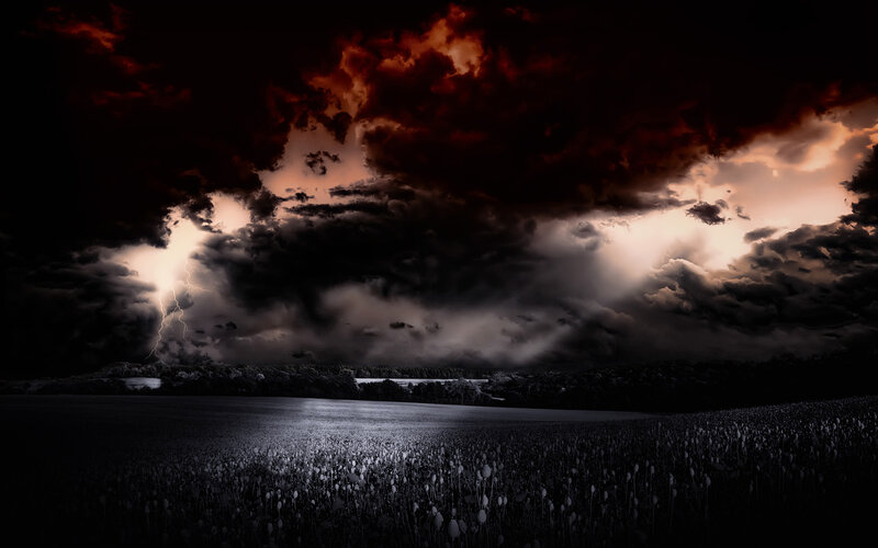 Lightning over Field — Black, Dramatic