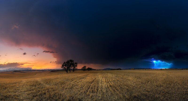 Lightning over Field — Blue, Dramatic, Sunset, Photograph