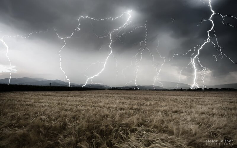 Lightning over Field — Gray, Dramatic, Night, Photograph