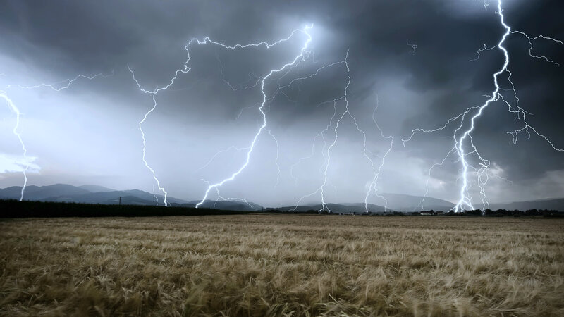 Lightning over Field — Gray, Dramatic
