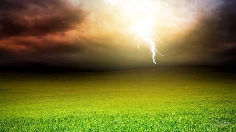 Lightning over Field — Green, Dramatic, Afternoon
