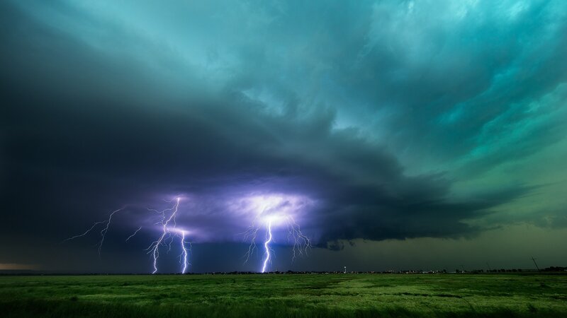 Lightning over Field — Green, Dramatic, Night, Photograph
