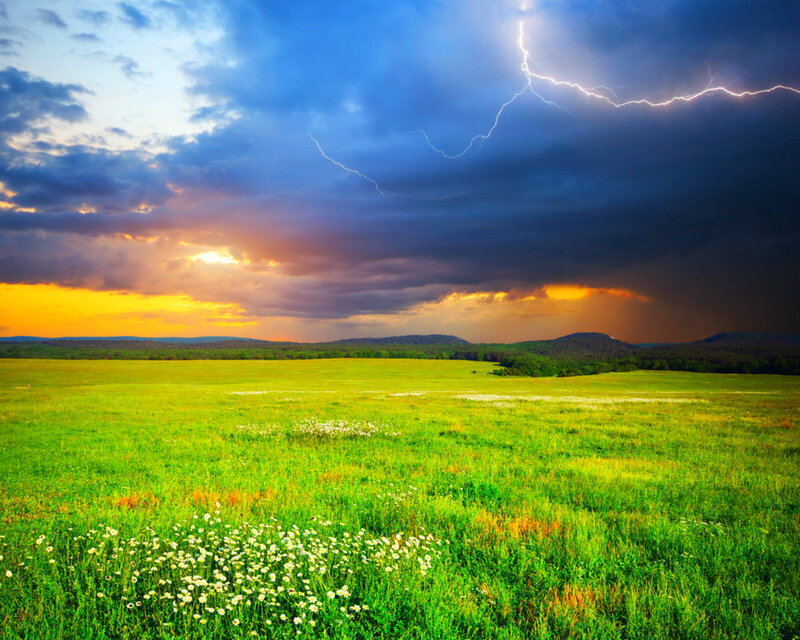 Lightning over Field — Green, Dramatic, Sunset, Photograph