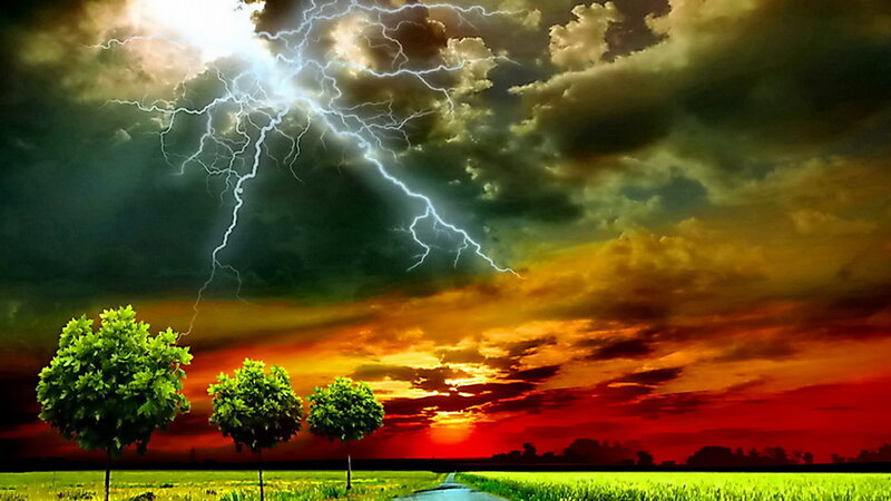 Lightning over Field — Green, Dramatic, Sunset
