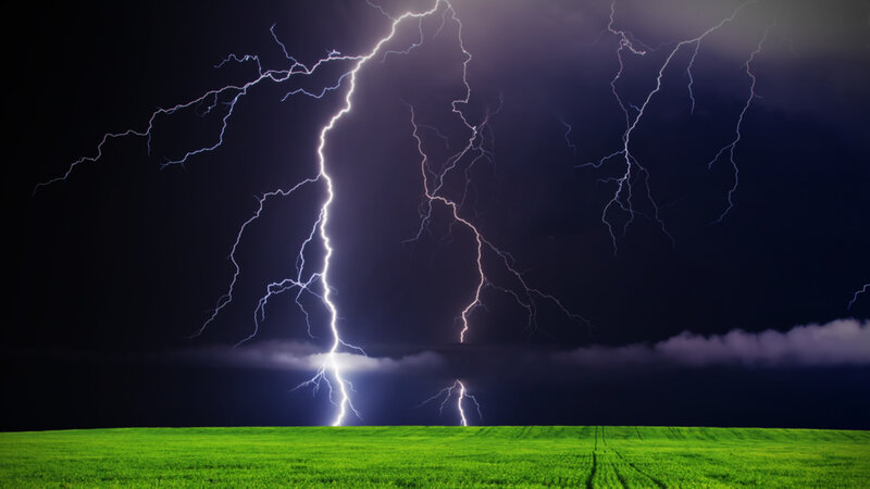 Lightning over Field — Green, Dramatic