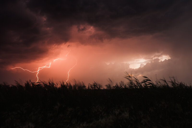 Lightning over Field — Red, Dramatic
