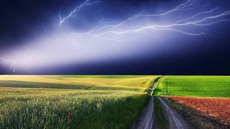 Lightning over Fields — Green, Dramatic
