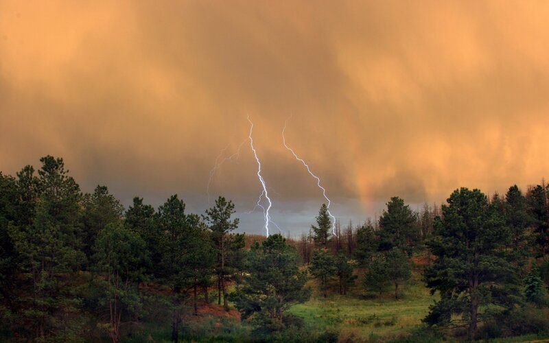 Lightning over Forest — Orange, Dramatic, Sunset, Photograph, Trees, Rainbow