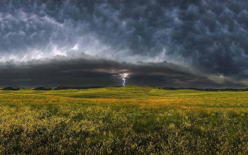 Lightning over Grassland — Green, Dramatic, Afternoon, Photograph, Storm Clouds
