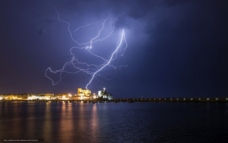 Lightning over Harbor — Blue, Dramatic, Night, Photograph