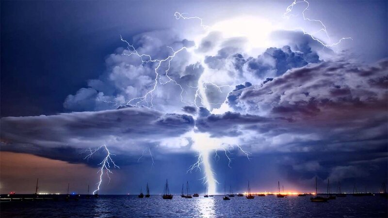 Lightning over Harbor — Blue, Dramatic, Night