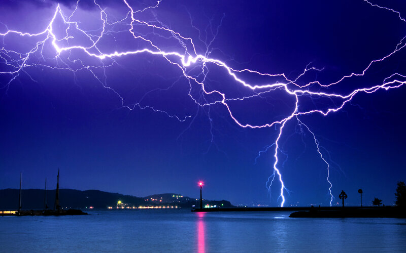 Lightning over Harbor — Blue, Dramatic