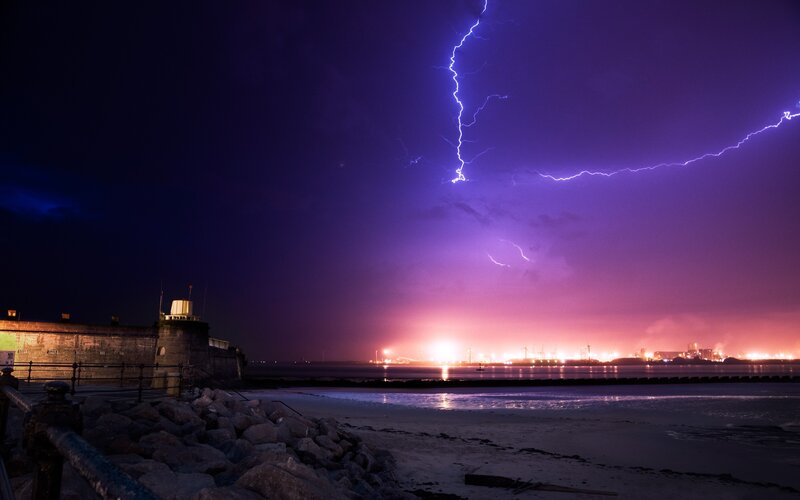 Lightning over Harbor — Purple, Dramatic, Night