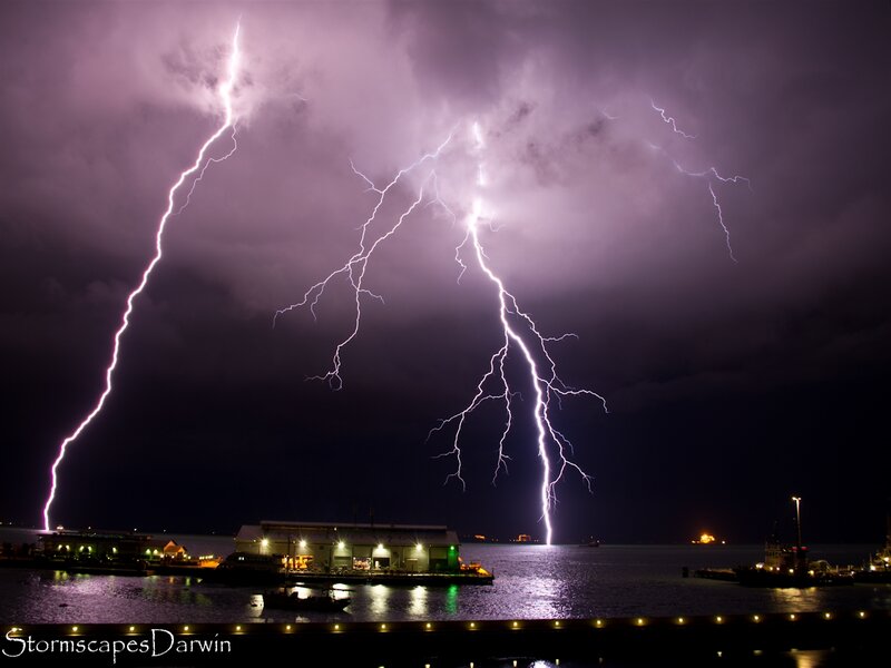 Lightning over Harbor — Purple, Dramatic