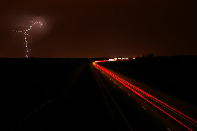 Lightning over Highway — Black, Dramatic