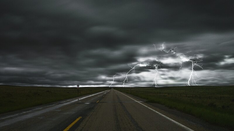 Lightning over Highway — Gray