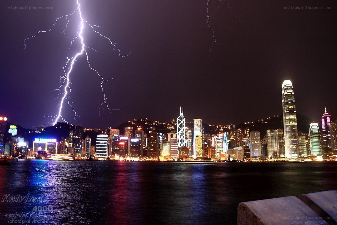 Lightning over Hong Kong skyline