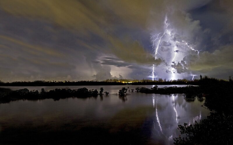 Lightning over Lake — Black, Dramatic, Night, Photograph, Clouds