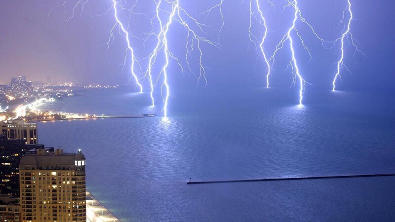 Lightning over Lake — Blue, Dramatic, Night, Photograph, City, Buildings