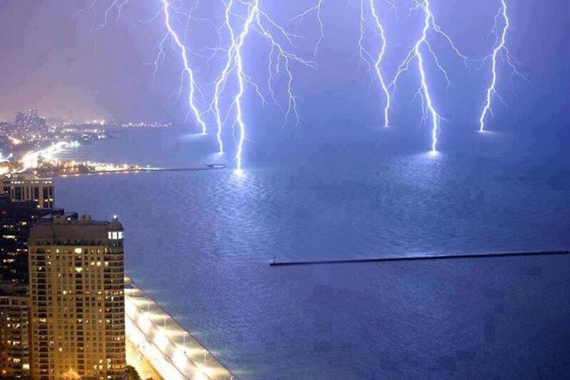 Lightning over Lake — Blue, Dramatic, Night, Photograph, City