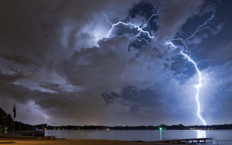 Lightning over Lake — Blue, Dramatic, Night, Photograph, Clouds, Dock