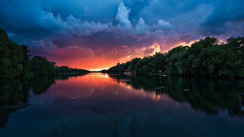 Lightning over Lake — Blue, Dramatic, Night, Photograph, Clouds