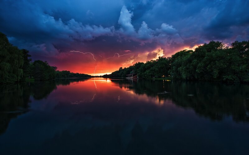 Lightning over Lake — Blue, Dramatic, Night, Photograph, Clouds, Trees