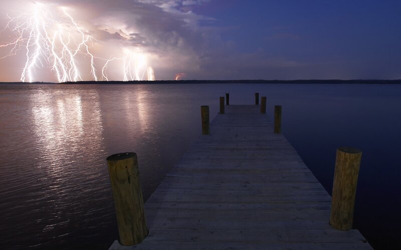 Lightning over Lake — Blue, Dramatic, Night, Photograph, Dock, Storm