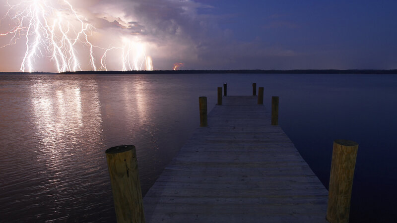 Lightning over Lake — Blue, Dramatic, Night, Photograph, Dock