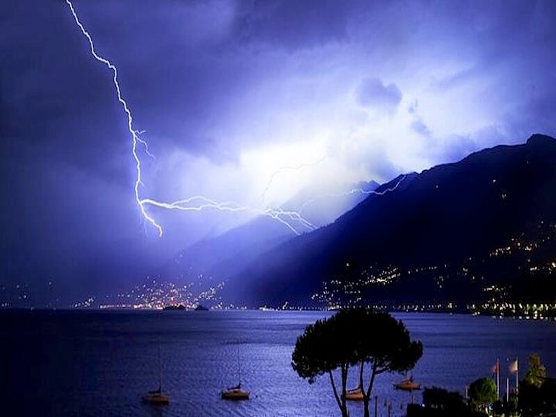 Lightning over Lake — Blue, Dramatic, Night, Photograph, Mountains, Boats