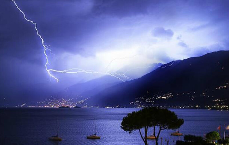 Lightning over Lake — Blue, Dramatic, Night, Photograph, Mountains
