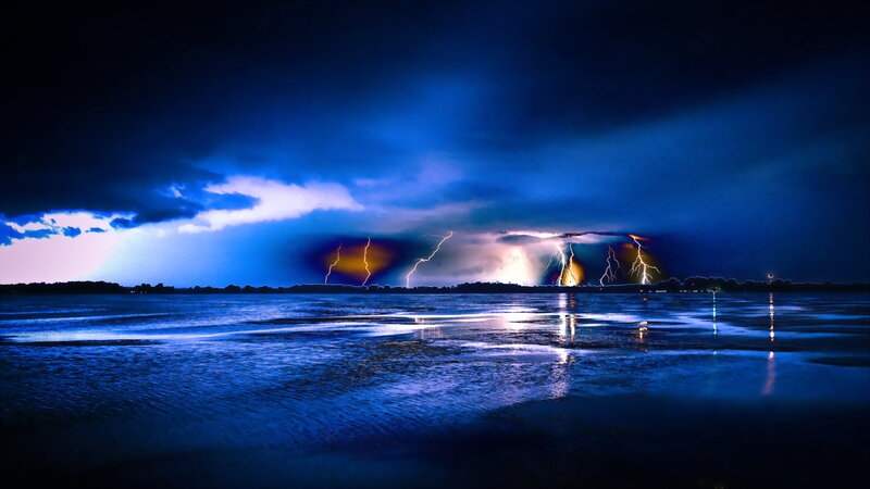 Lightning over Lake — Blue, Dramatic, Night, Photograph, Storm