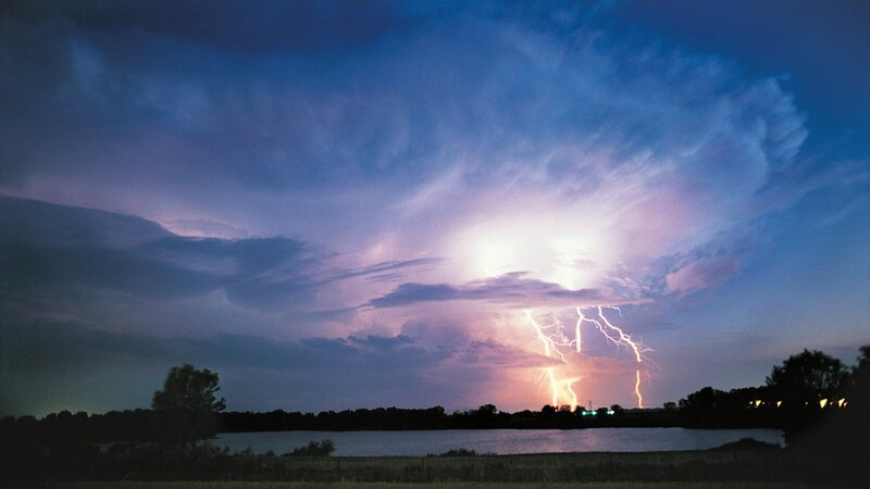 Lightning over Lake — Blue, Dramatic, Night, Photograph