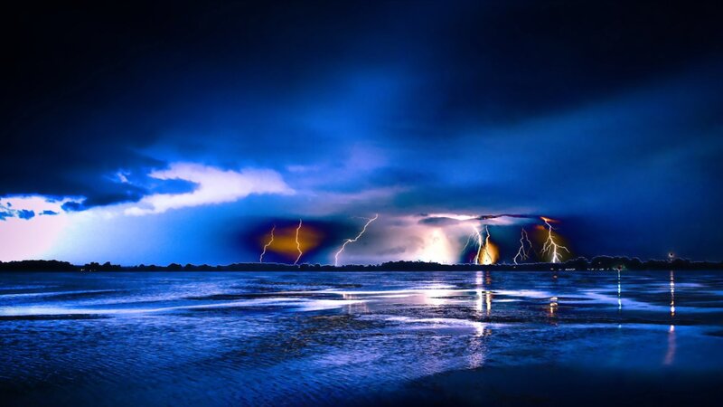 Lightning over Lake — Blue, Dramatic, Night, Photograph, Thunderstorm