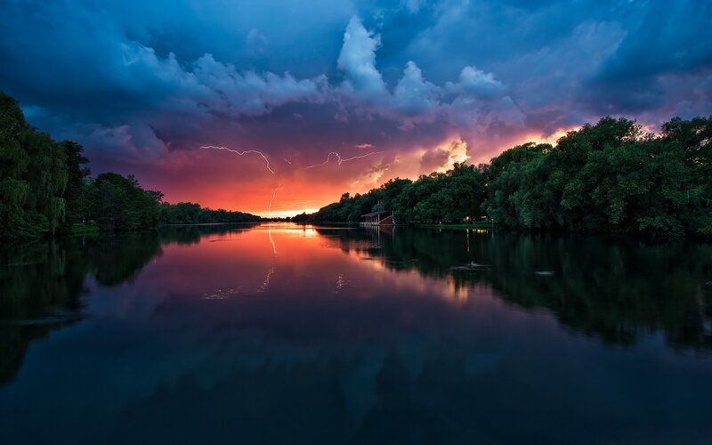 Lightning over Lake — Blue, Dramatic, Night, Photograph, Trees, Clouds