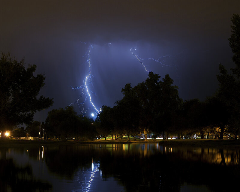 Lightning over Lake — Blue, Dramatic, Night, Photograph, Trees, Streetlights