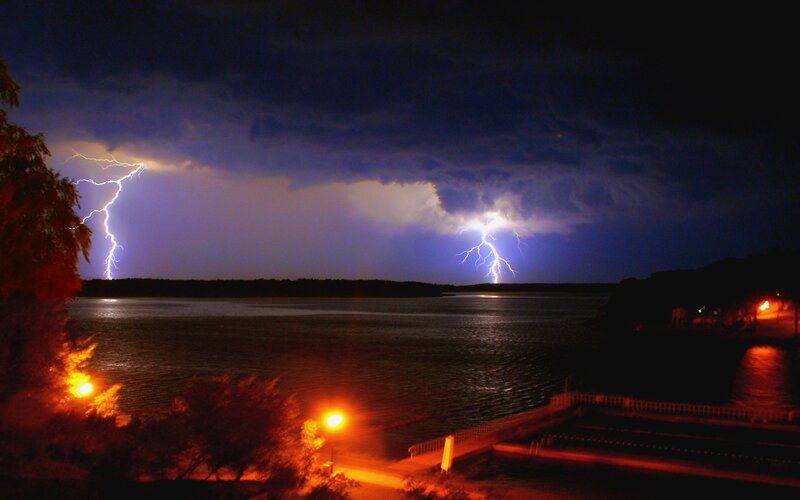 Lightning over Lake — Blue, Dramatic, Night, Photograph, Trees