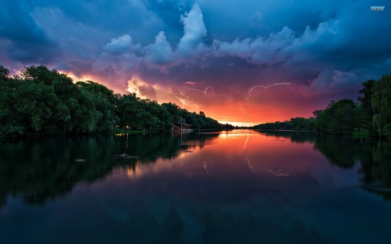 Lightning over Lake — Blue, Dramatic, Sunset, Photograph, Clouds, Trees, Purple