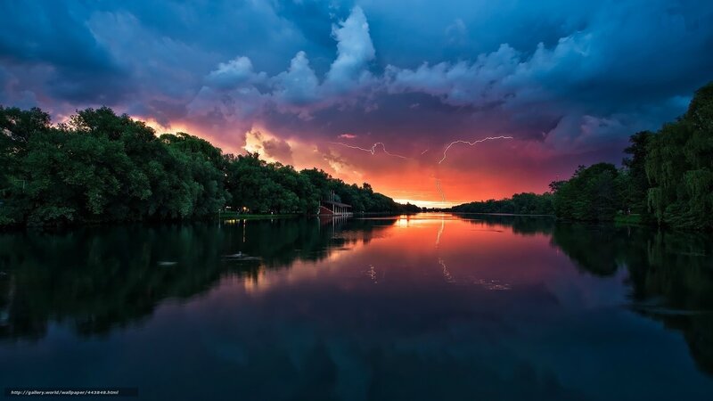 Lightning over Lake — Blue, Dramatic, Sunset, Photograph, Clouds, Trees, Reflection