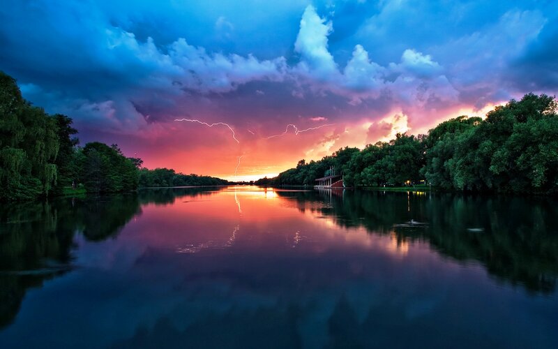 Lightning over Lake — Blue, Dramatic, Sunset, Photograph, Clouds, Trees