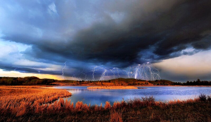 Lightning over Lake — Blue, Dramatic, Sunset, Photograph, Storm Clouds